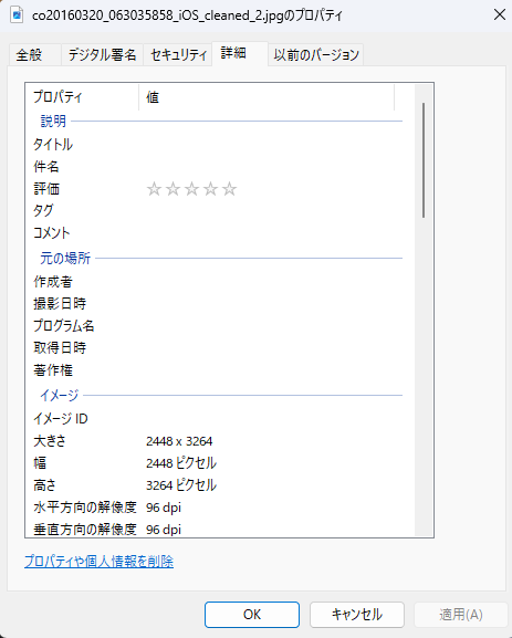 ExifCleanerで処理した後の写真のプロパティ「詳細」タブ。ファイル名の末尾が「_cleaned_2」で、撮影日時とプログラム名の欄が空欄になっている