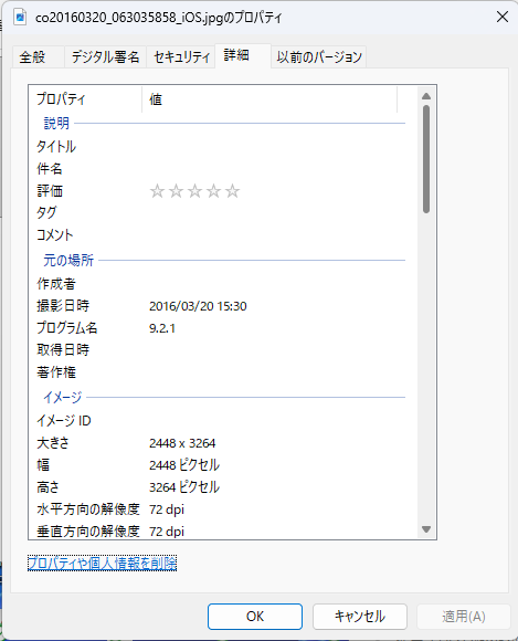 Windows 11の写真のプロパティ「詳細」タブ。撮影日時に2016/03/20 15:30、プログラム名に9.2.1と表示され、下に「プロパティや個人情報を削除」のリンクがある
