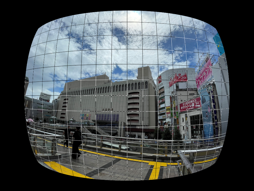 建物の写真をわざと樽型に歪ませ、格子を重ねた画像